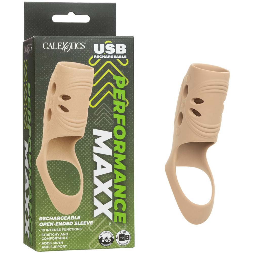 Performance Maxx Rechargeable Penis Sleeve Ivory in open-headed design enhances intimacy with texture and support.