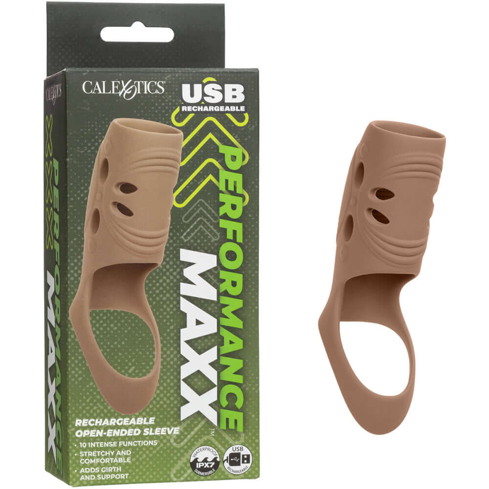 Performance Maxx Rechargeable Penis Sleeve Brown in packaging, showcasing its open-ended design and texture enhancements.