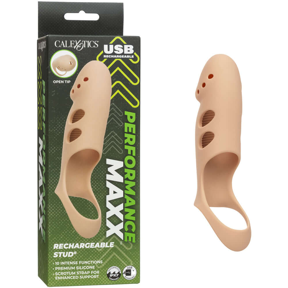 Performance Maxx Rechargeable Stud Ivory in packaging showing open tip design and premium silicone material.
