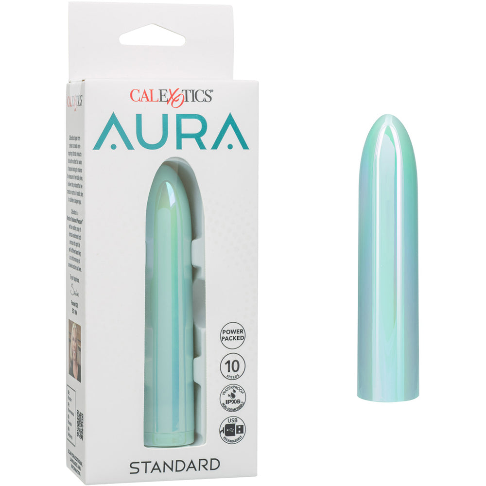 Aura Standard Bullet Vibrator in packaging, featuring sleek design and 10 powerful vibration settings.