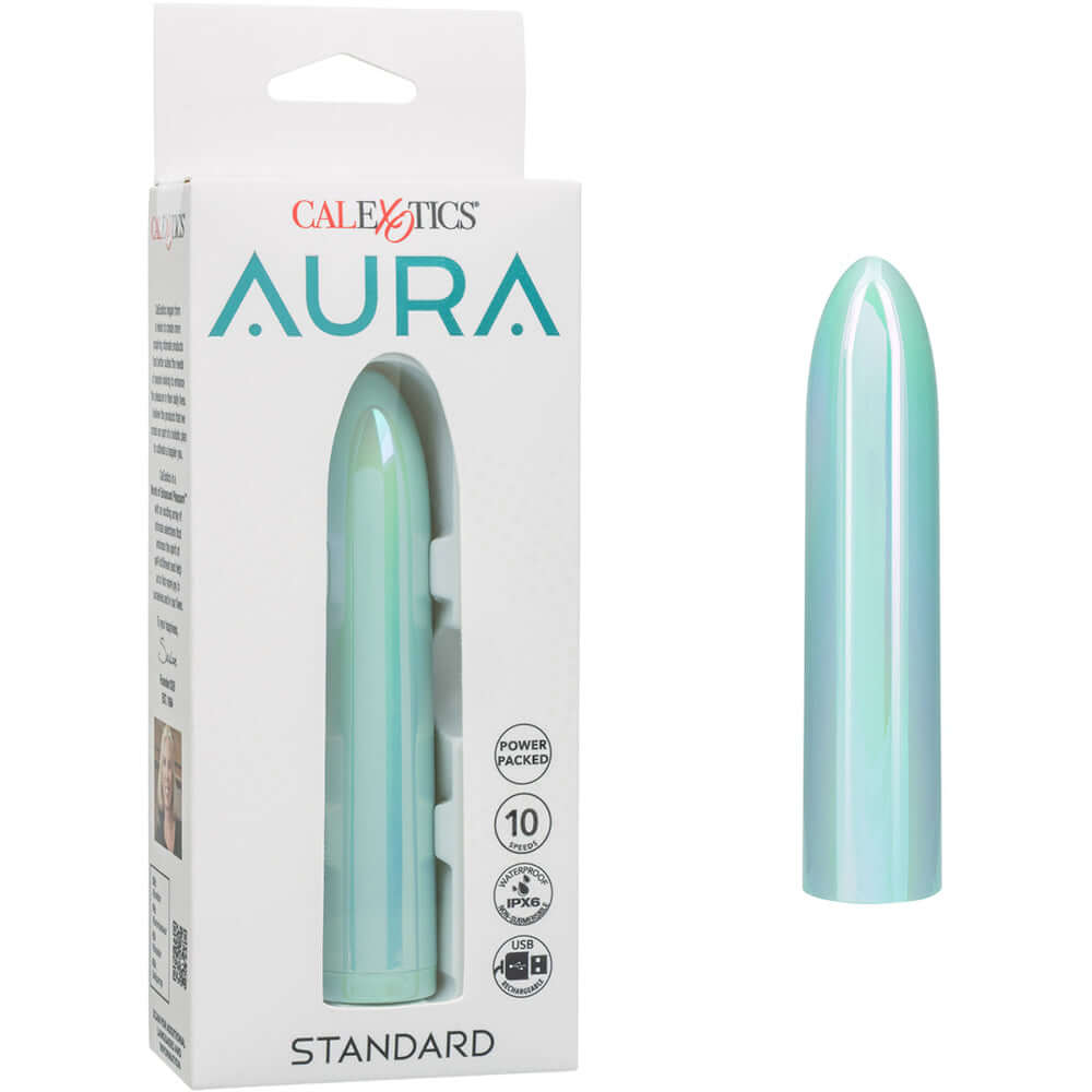 Aura Standard Bullet Vibrator in packaging, featuring sleek design and 10 powerful vibration settings.