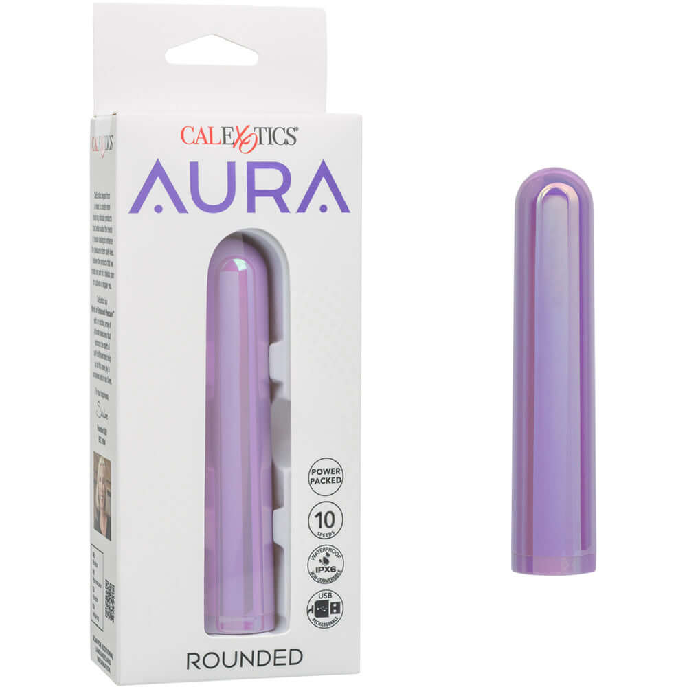 Aura Rounded Bullet Vibrator Purple packaging and product displayed, showcasing sleek design and 10 vibration speeds.