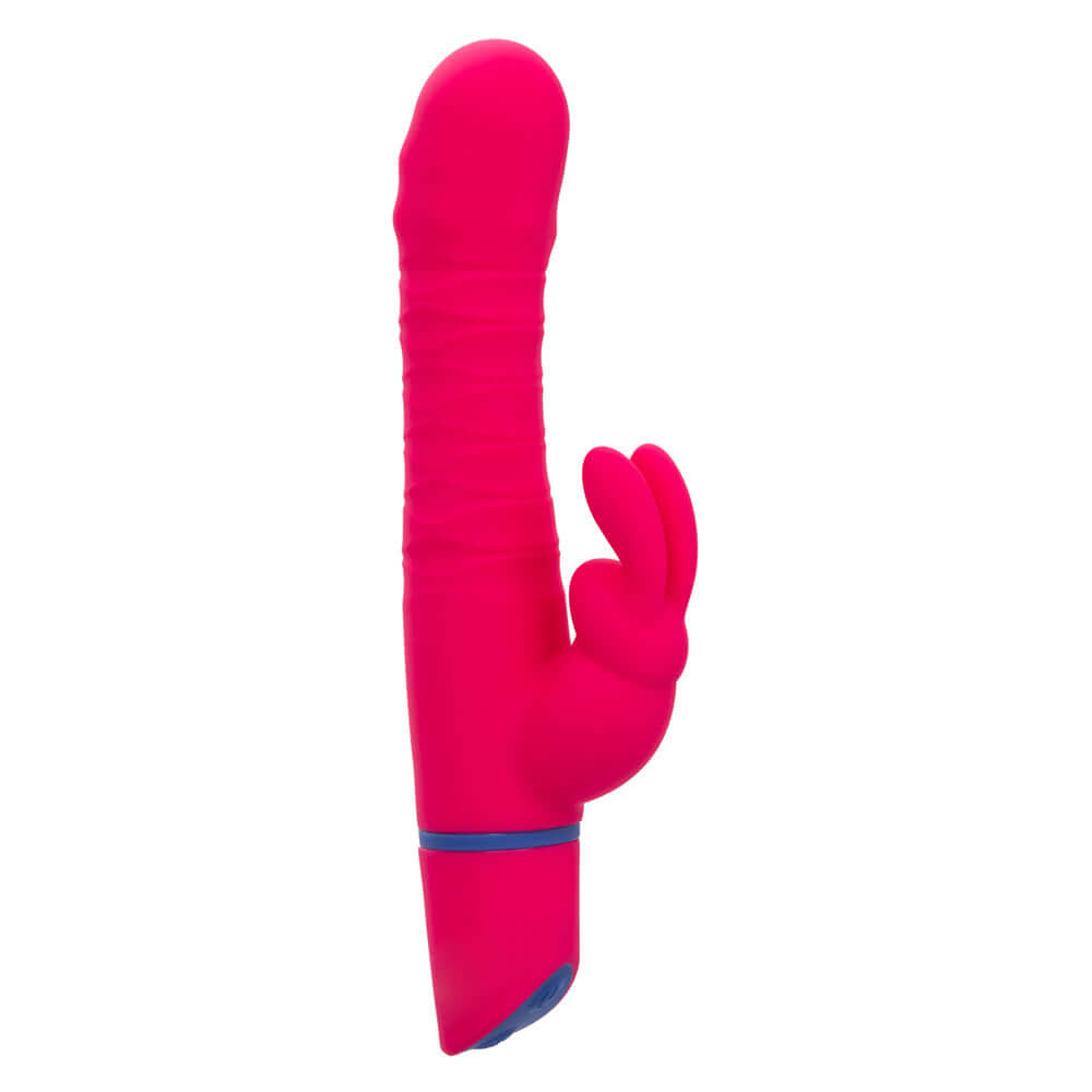 Love Bunny Beaded Spin Bunny Vibrator in vibrant pink with textured shaft and bunny ears for dual stimulation.