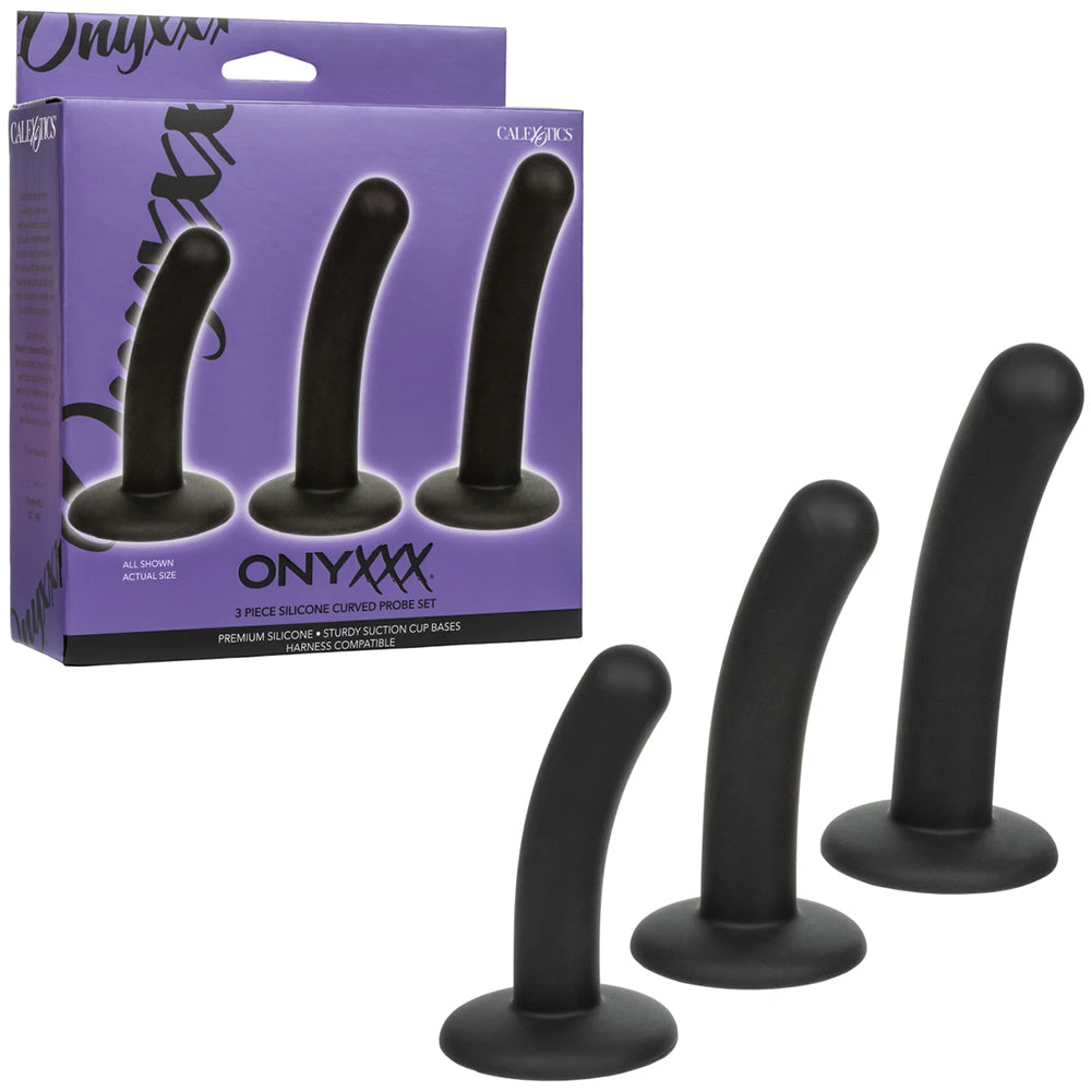 Onyxxx 3 Piece Silicone Curved Probe Set featuring three slender, curved silicone probes for versatile play.