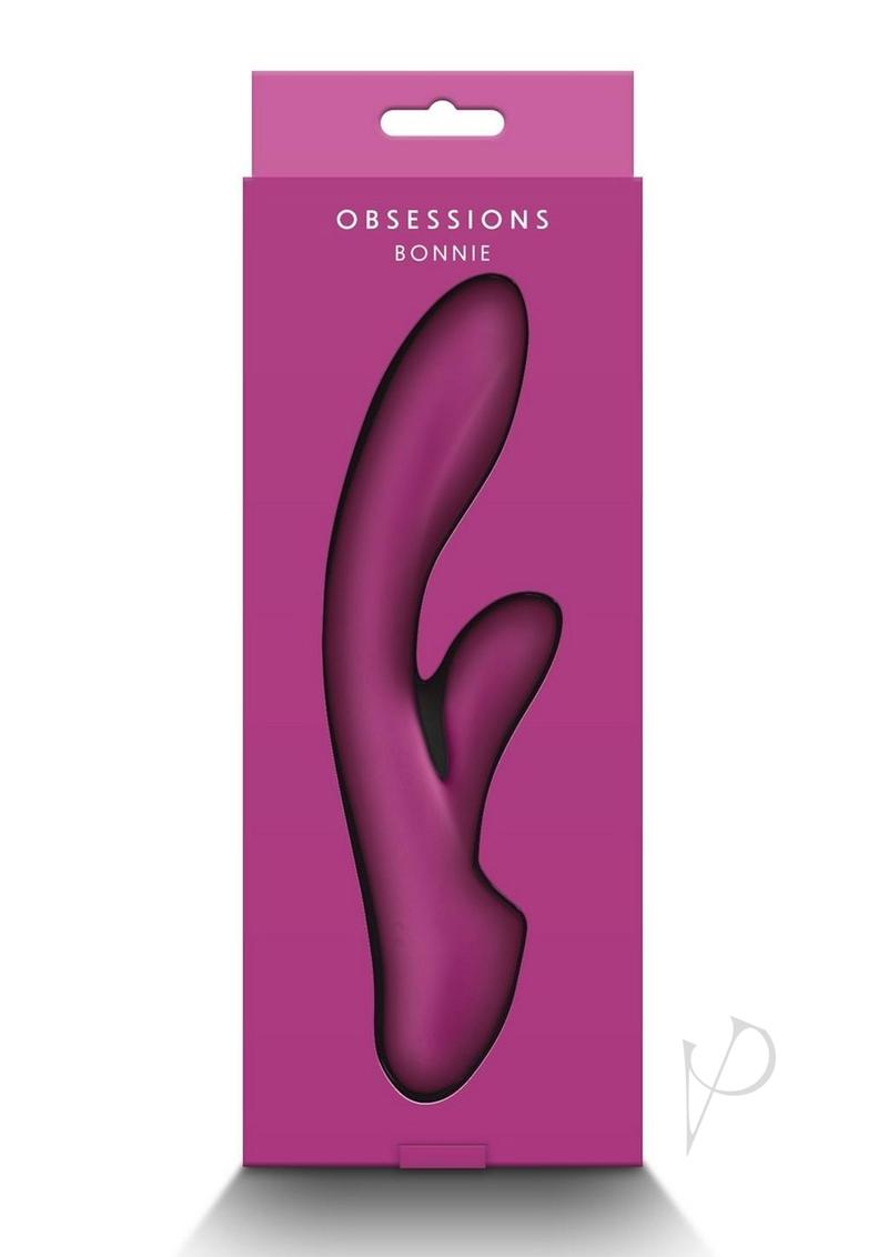 Obsessions Bonnie Rechargeable Silicone Rabbit Vibrator packaging in rich magenta color showcasing dual-stimulation design.