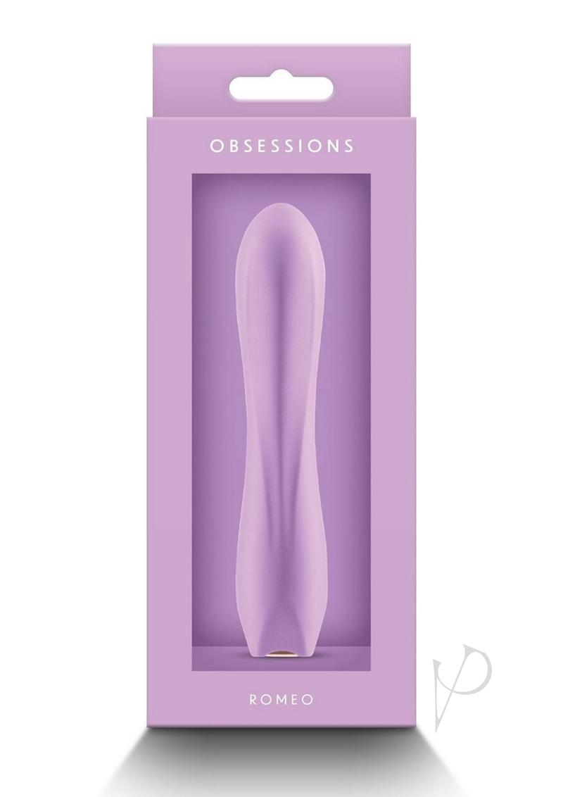 Obsessions Romeo Rechargeable Silicone Vibrator Lavender in stylish packaging with a soft silicone design.