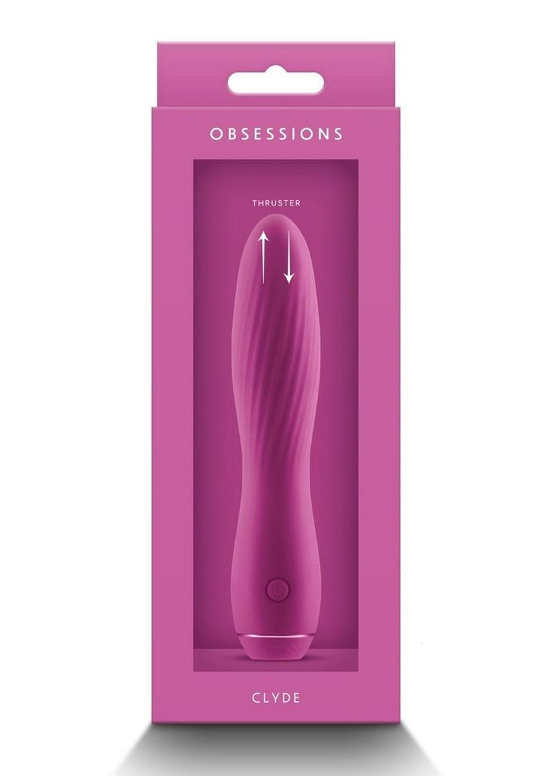 Obsessions Clyde Rechargeable Silicone Vibrator Magenta in packaging showcasing its features and design.