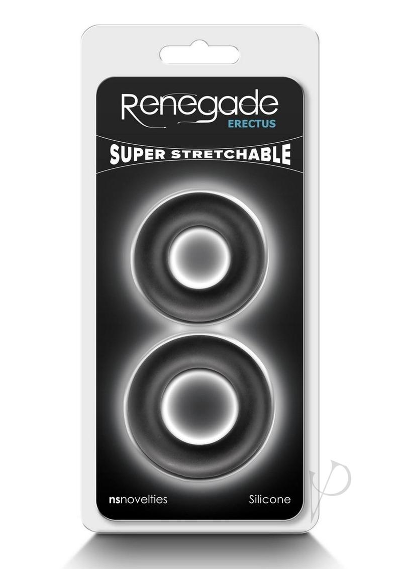 Renegade Erectus Silicone Cock Ring Black packaging featuring super stretchable design.