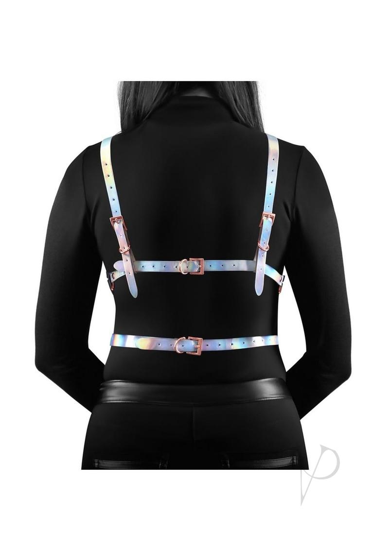Back view of Cosmo Risque Chest Harness Large/XLarge Rainbow with rose gold accents.