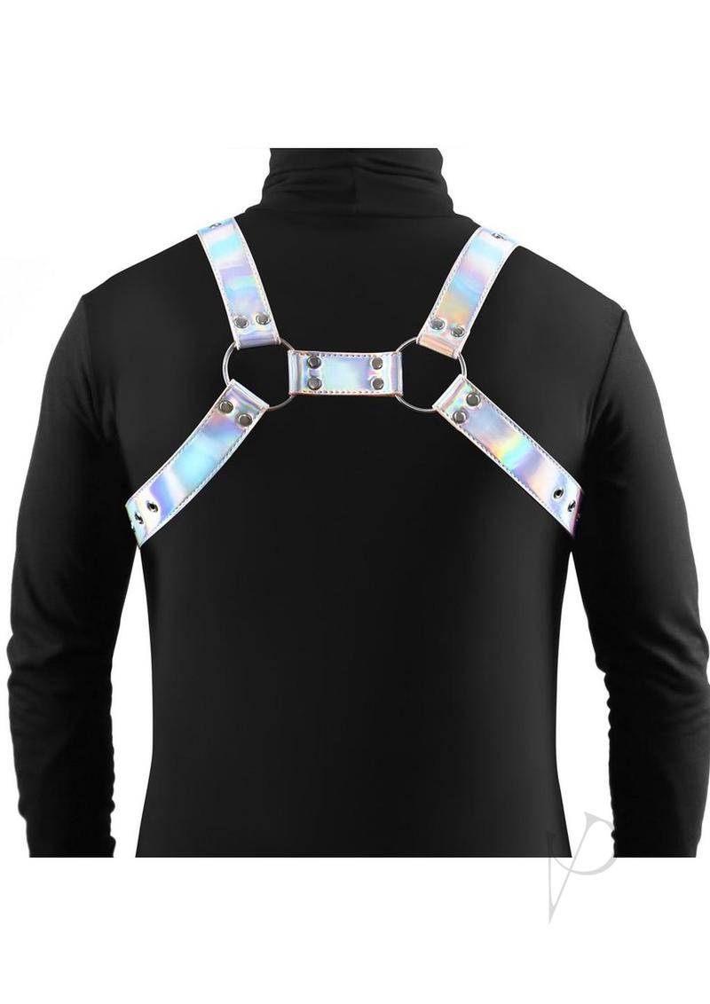 Cosmo Harness Rogue Chest Harness Small/Medium Rainbow worn from the back on a black shirt, showcasing its stylish design.