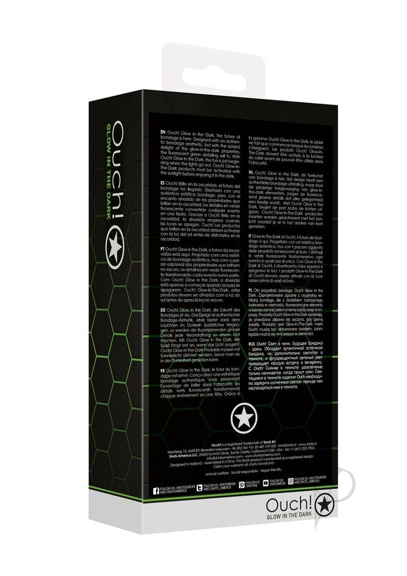 Ouch Body Harness Glow in the Dark Small Medium Green packaging featuring description and details on the back.
