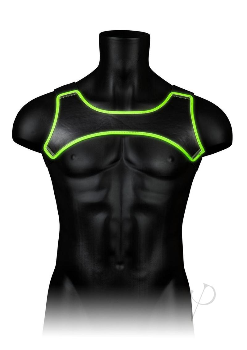 Ouch Neoprene Harness Glow in the Dark Large XLarge Green displayed on a mannequin with neon green detailing.