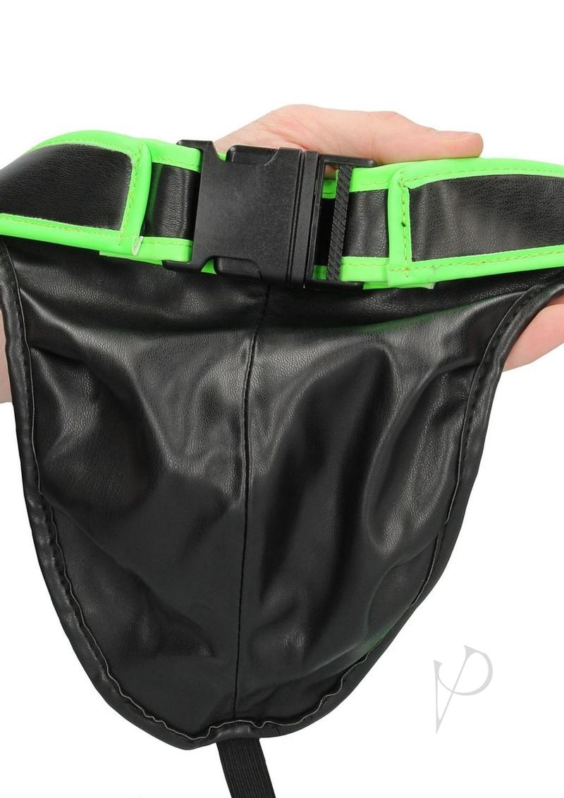 Ouch Buckle Jock Strap Metal Glow in the Dark Green close-up showing the black and fluorescent green design details.
