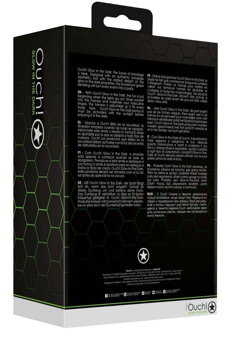 Ouch Buckle Jock Strap Metal Glow in the Dark Green packaging featuring glow-in-the-dark properties and bondage aesthetic.