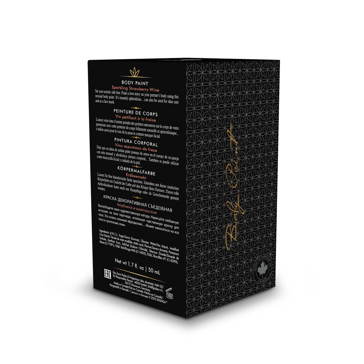 Shunga Edible Body Paint Sparkling Strawberry Wine packaging with instructions and elegant design.