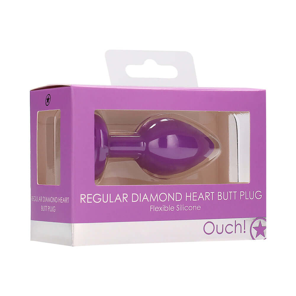Flexible Silicone Diamond Heart Butt Plug Purple Regular packaging with a shiny diamond heart design.