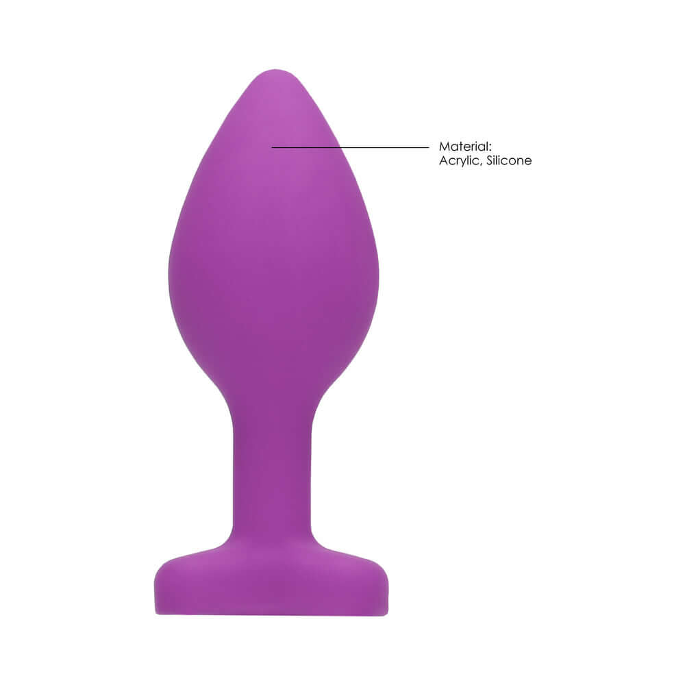 Flexible Silicone Diamond Heart Butt Plug Purple Regular made of body-safe silicone and acrylic, featuring a smooth design.