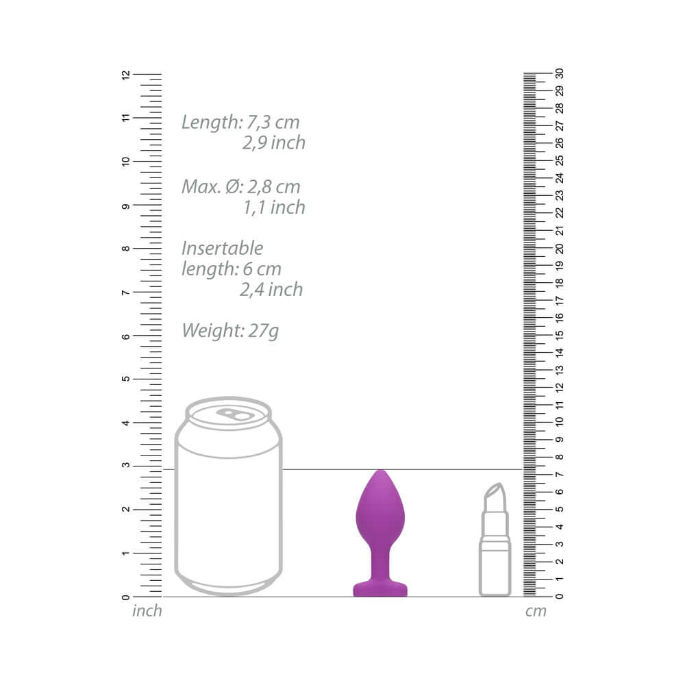 Flexible Silicone Diamond Heart Butt Plug Purple Regular size guide with measurements and comparison to a can and lipstick.