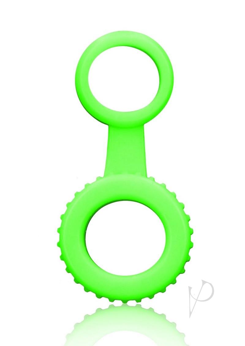 Ouch Cock Ring and Ball Strap Glow in the Dark Green, fluorescent green color, dual-action design for intimate play.