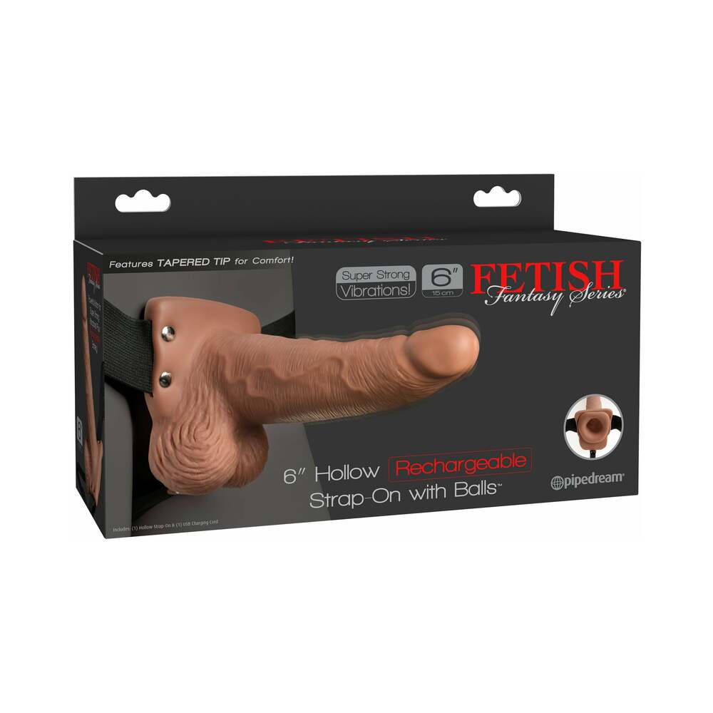 Fetish Fantasy Series Rechargeable Vibrating 6 inches Hollow Strap-On With Balls Tan/Black