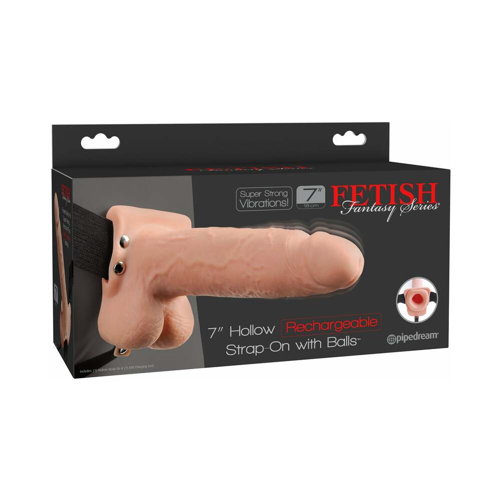 Fetish Fantasy Series Rechargeable Vibrating 7 inches Hollow Strap-On With Balls Beige/Black