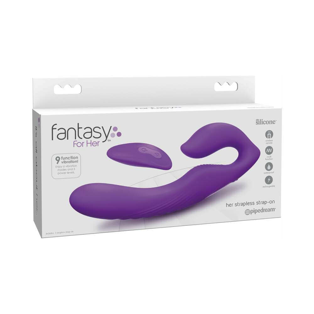 Fantasy For Her Her Ultimate Strapless Strap-On Purple packaging with dual motors and remote control.
