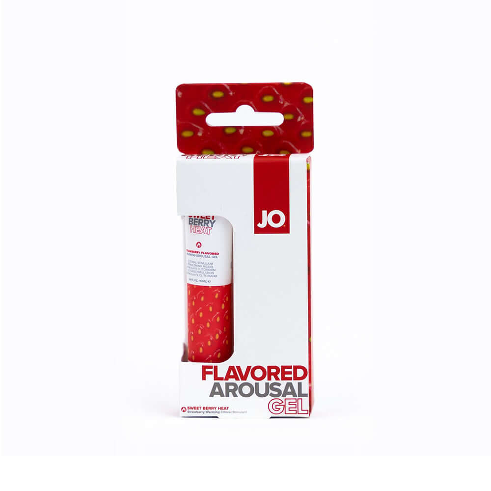 JO Sweet Berry Heat Flavored Arousal Gel 0.34 Oz packaging with strawberry design for enhanced pleasure.