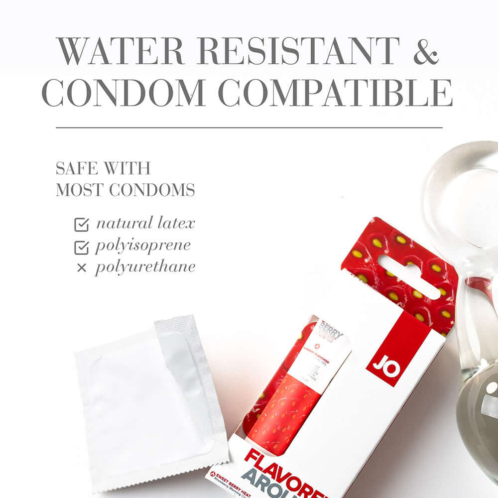 JO Sweet Berry Heat Flavored Arousal Gel 0.34 Oz packaging showing water resistant and condom compatible features.
