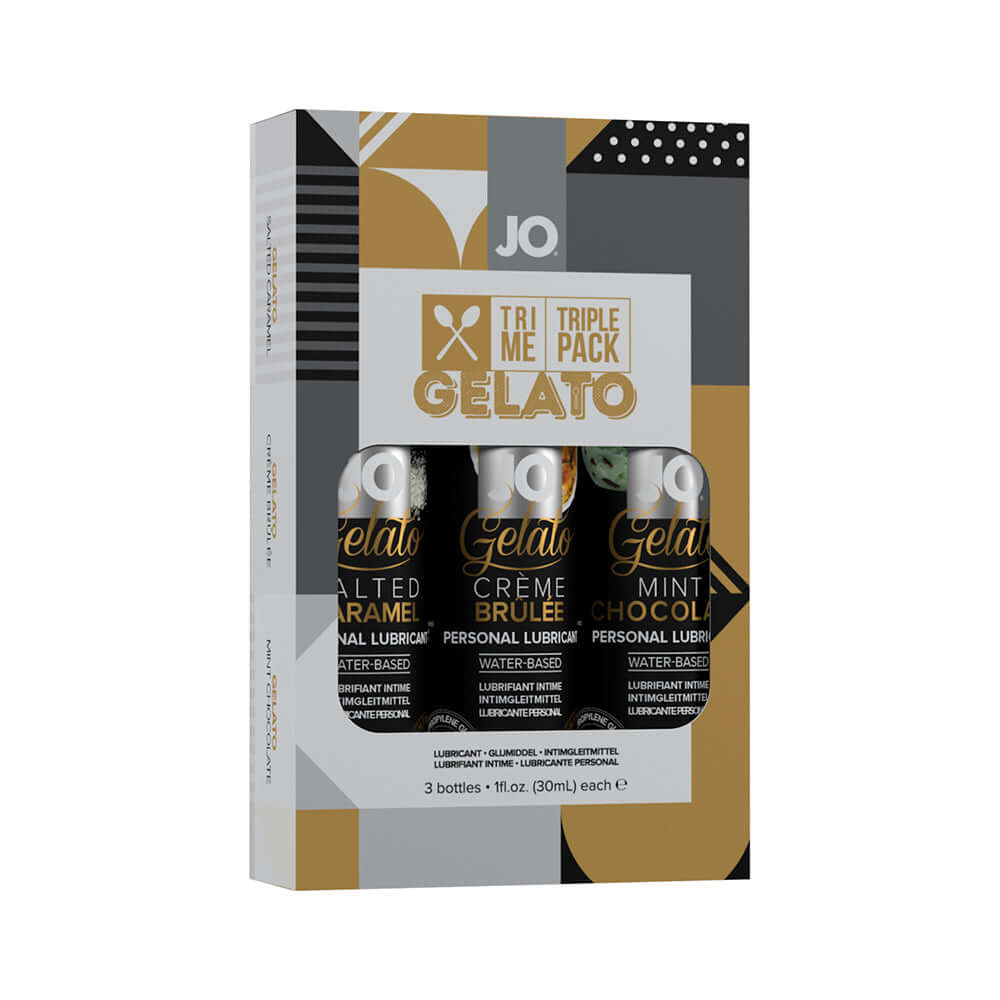 JO Tri Me Triple Pack Gelato Flavored Water-Based Lubricant 3 Pack featuring Salted Caramel, Crème Brûlée, and Mint Chocolate.