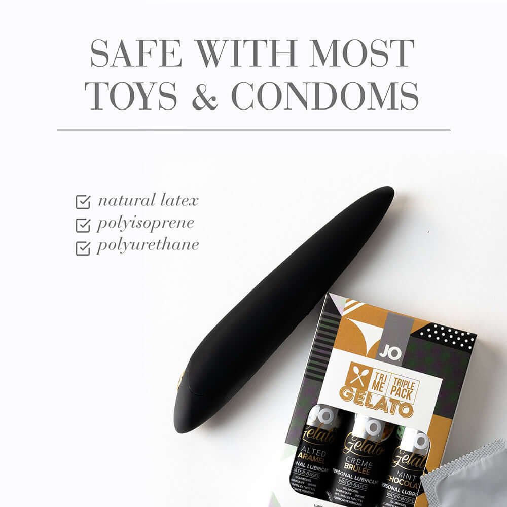 JO Tri Me Triple Pack Gelato Flavored Water-Based Lubricant 3 Pack with safe usage guidelines.