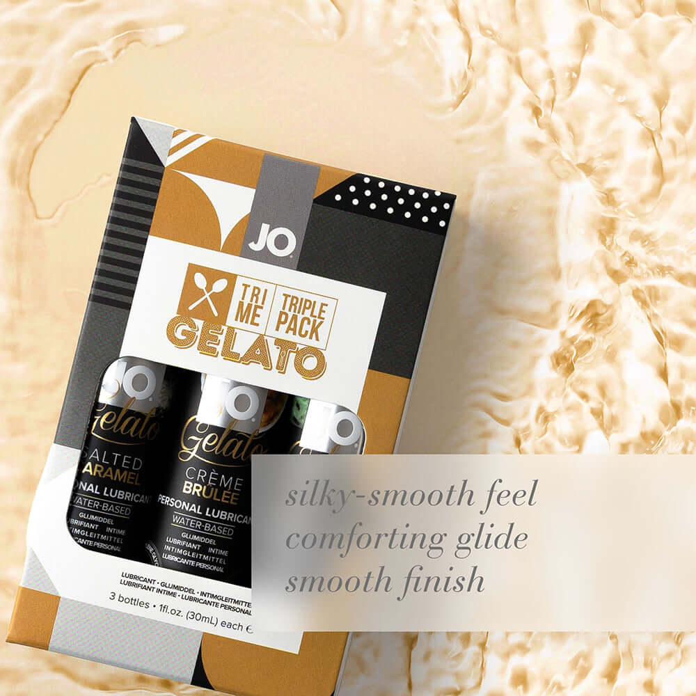 JO Tri Me Triple Pack Gelato Flavored Water-Based Lubricant 3 Pack featuring Salted Caramel and Crème Brûlée.