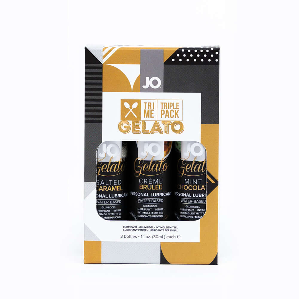 JO Tri Me Triple Pack Gelato Flavored Water-Based Lubricant 3 Pack featuring Salted Caramel, Crème Brûlée, and Mint Chocola