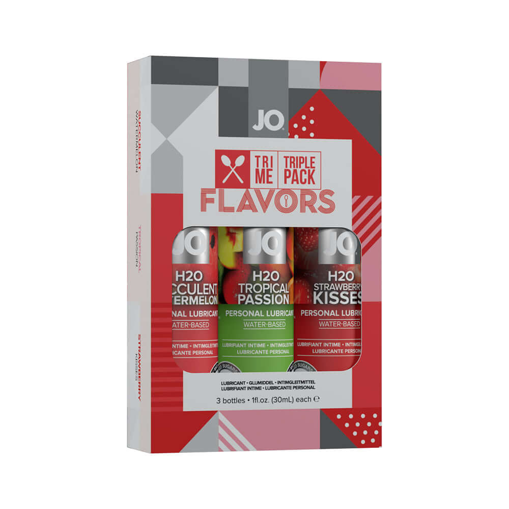 JO Tri Me Triple Pack Flavors Water-Based Lubricant 3 Pack with fruit flavors in three bottles.