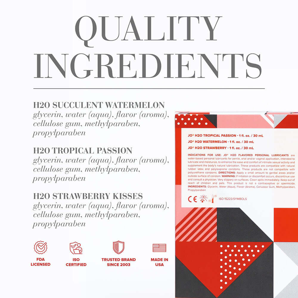 JO Tri Me Triple Pack Flavors Water-Based Lubricant 3 Pack ingredients list and quality details.
