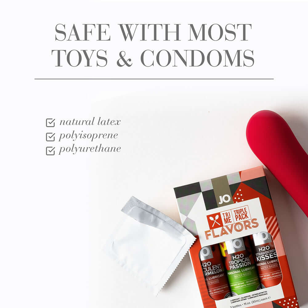 JO Tri Me Triple Pack Flavors Water-Based Lubricant 3 Pack featuring fruit flavors, safe with toys and condoms.