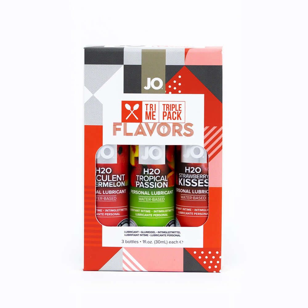 JO Tri Me Triple Pack Flavors Water-Based Lubricant 3 Pack featuring three fruit-flavored lubricants.
