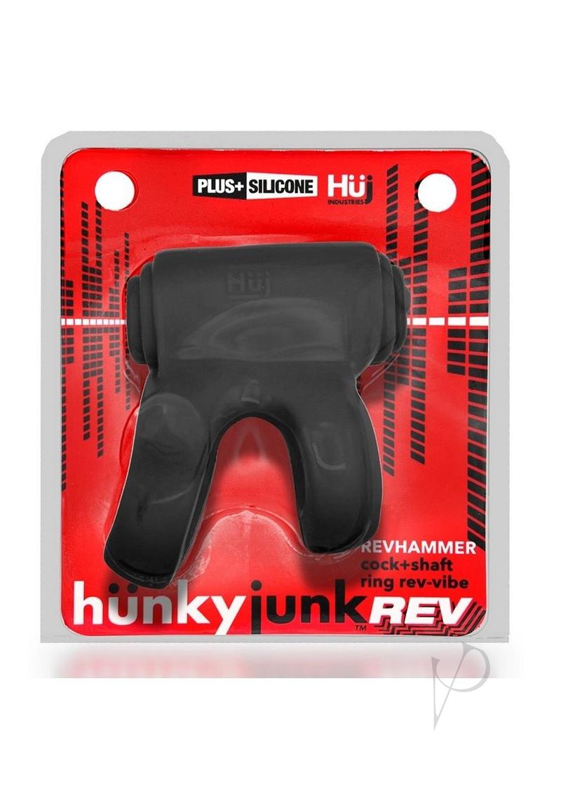 Hunkyjunk Revhammer Reverb Shaft Vibrating Cock Ring Tar Ice in packaging, designed for shared pleasure and stimulation.