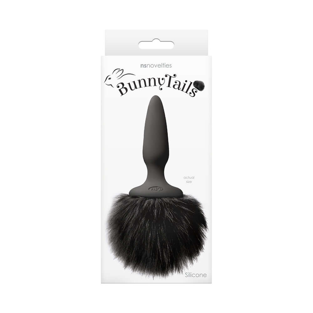 Bunny Tails Plug Mini Black Fur in packaging, featuring a silicone plug with a fluffy black tail for playful fantasies.