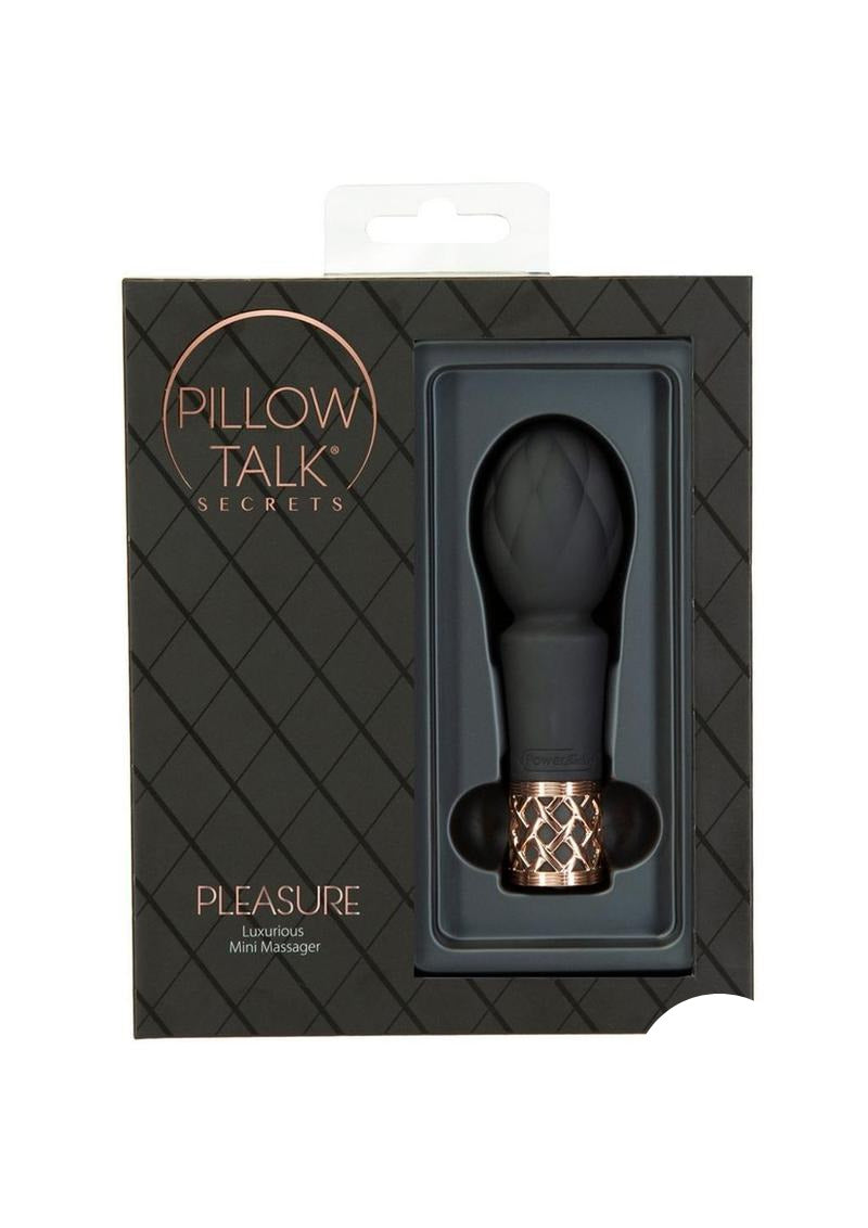 Pillow Talk Secrets Pleasure Rechargeable Wand Gold in elegant packaging, showcasing its luxurious design and compact size.