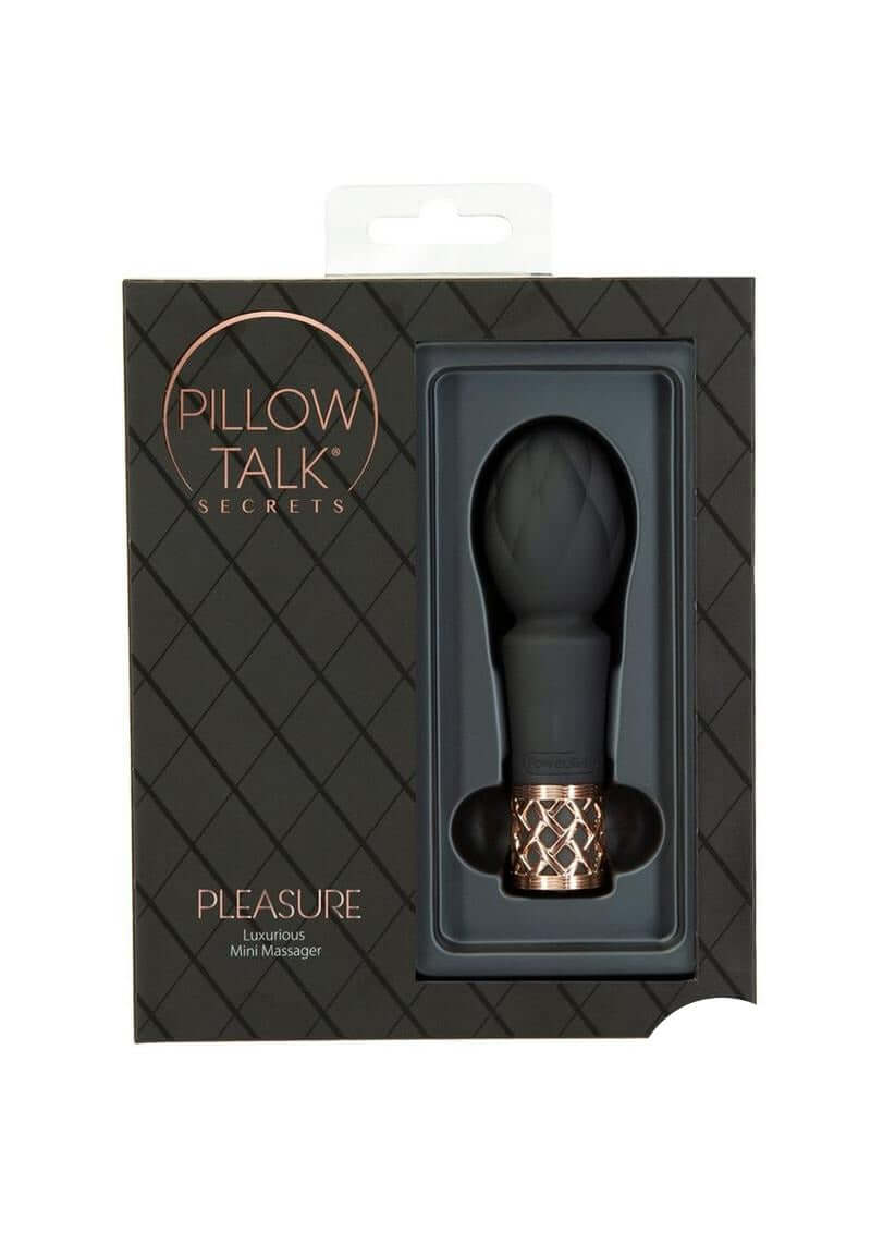 Pillow Talk Secrets Pleasure Rechargeable Wand Gold in elegant packaging, showcasing its luxurious design and compact size.