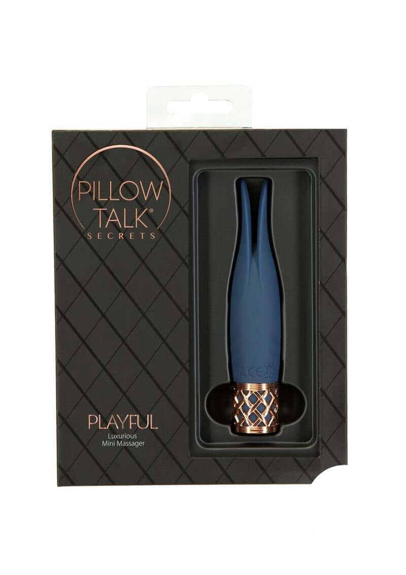 Pillow Talk Secrets Playful Rechargeable Massager Blue in elegant packaging, showcasing its unique rabbit ear design.