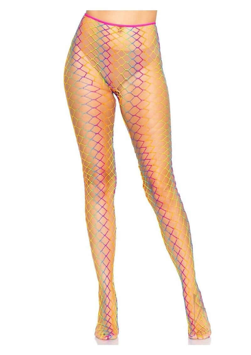 Leg Avenue Ombre Rainbow Woven Net Tight OS featuring a vibrant ombre rainbow design and woven net pattern.