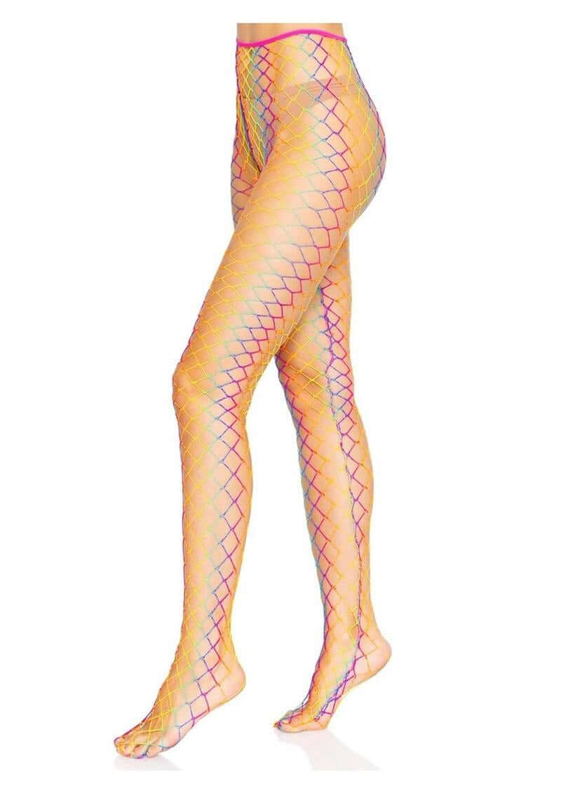 Leg Avenue Ombre Rainbow Woven Net Tight OS featuring a colorful ombre design and woven net pattern.