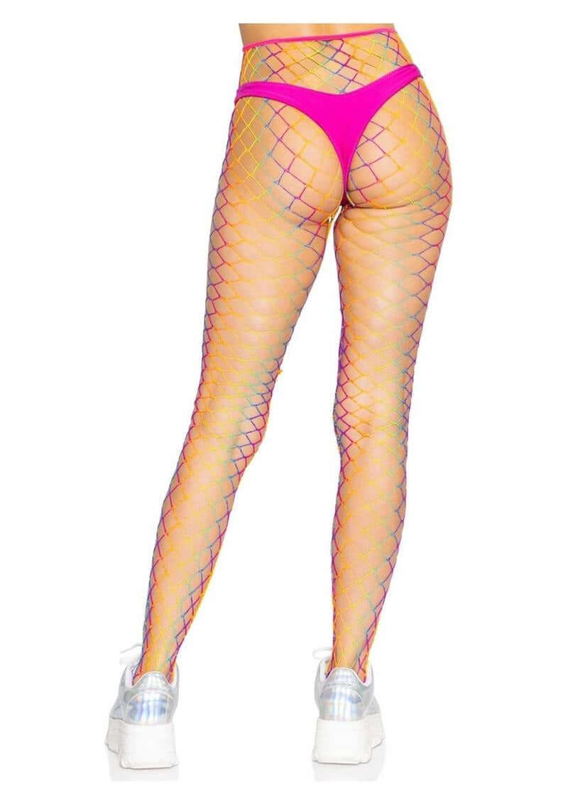 Leg Avenue Ombre Rainbow Woven Net Tight OS showcasing vibrant ombre colors and fishnet design from the back view.