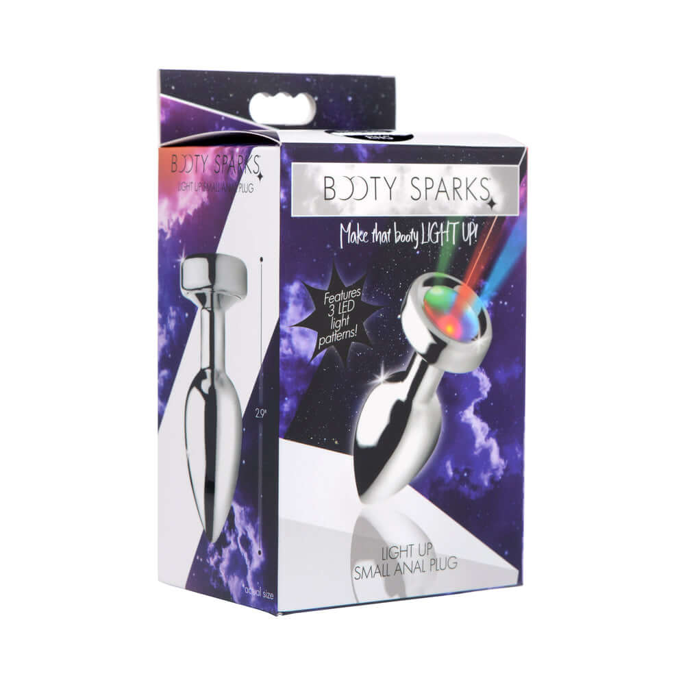 Booty Sparks Light Up Anal Plug S packaging showing colorful LED light options and sleek design