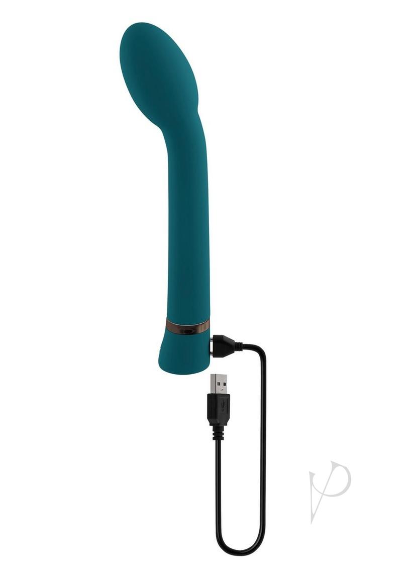 Playboy On The Spot Silicone G-Spot Vibrator Teal charging with USB cable, sleek design.