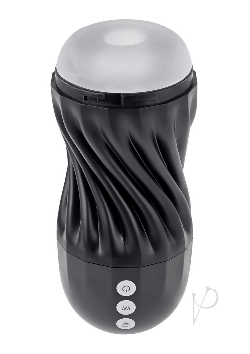 Playboy Solo Rechargeable Textured Stroker Black with unique twisting design for enhanced solo pleasure.