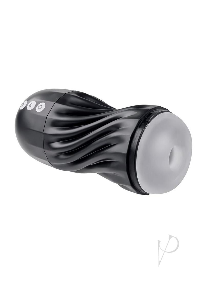 Playboy Solo Rechargeable Textured Stroker Black with soft textures and control buttons for enhanced pleasure.