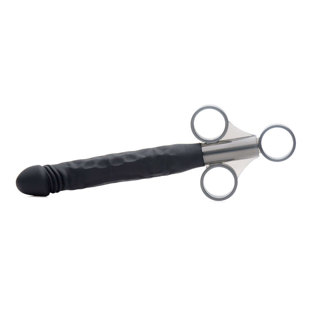 Master Series Jizz Shooter Silicone Dildo Lube Launcher with ergonomic finger loops and realistic silicone shaft.