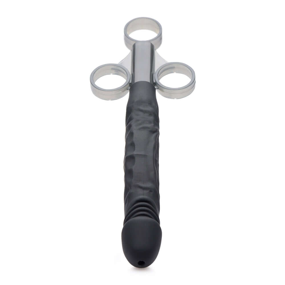 Master Series Jizz Shooter Silicone Dildo Lube Launcher with ergonomic finger loops and a silicone shaft